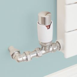 Flomasta  1/2" x 15mm White/Chrome Straight & L/S Modern Thermostatic Radiator Valve & Lockshield