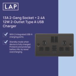 LAP  13A 2-Gang SP Switched Socket + 2.4A 12W 2-Outlet Type A USB Charger Black Nickel with Black Inserts