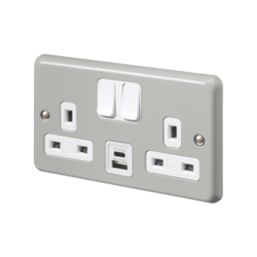 MK Contoura 13A 2-Gang DP Switched Socket + 3A 15.5W 2-Outlet Type A & C USB Charger Grey with White Inserts
