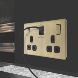 LAP  13A 2-Gang SP Switched Socket + 3A 45W 2-Outlet Type A & C USB Charger Antique Brass with Black Inserts