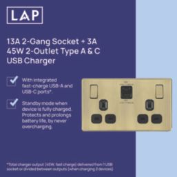 LAP  13A 2-Gang SP Switched Socket + 3A 45W 2-Outlet Type A & C USB Charger Antique Brass with Black Inserts