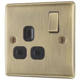 British General Nexus Metal 13A 1-Gang DP Switched Plug Socket Antique Brass  with Black Inserts