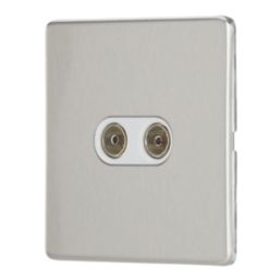 Contactum Lyric 2-Gang Female Coaxial TV Socket Brushed Steel with White Inserts