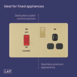 LAP  45A 2-Gang DP Cooker Switch & 13A Switched Socket Satin Brass with Neon with Black Inserts