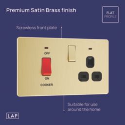 LAP  45A 2-Gang DP Cooker Switch & 13A Switched Socket Satin Brass with Neon with Black Inserts