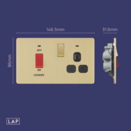 LAP  45A 2-Gang DP Cooker Switch & 13A Switched Socket Satin Brass with Neon with Black Inserts