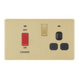 LAP  45A 2-Gang DP Cooker Switch & 13A Switched Socket Satin Brass with Neon with Black Inserts