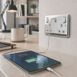 British General Nexus Metal 13A 2-Gang SP Switched Socket + 3.25A 65W 2-Outlet Type C USB Charger Polished Chrome with White Inserts