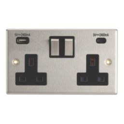 Contactum iConic 13A 2-Gang DP Switched Socket + 4.8A 24W 2-Outlet Type A & C USB Charger Brushed Stainless Steel with Black Inserts