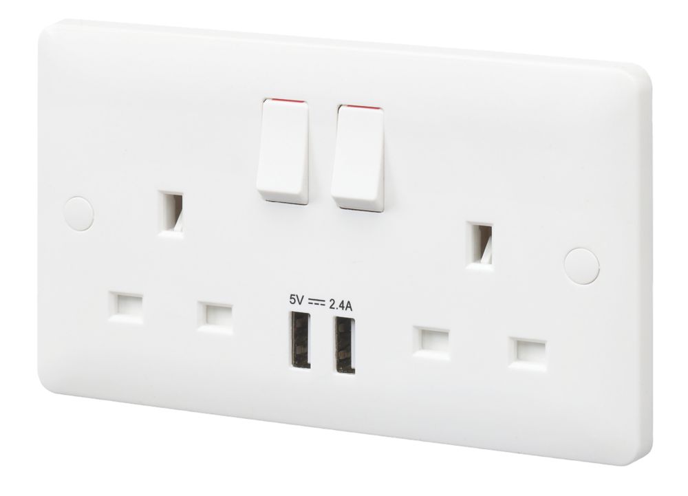 MK Base 13A 2 Gang SP Switched Socket 2.4A 2 Outlet Type A USB