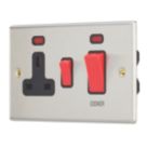 Contactum iConic 45A 2-Gang DP Cooker Switch & 13A DP Switched Socket Brushed Steel with Neon with Black Inserts