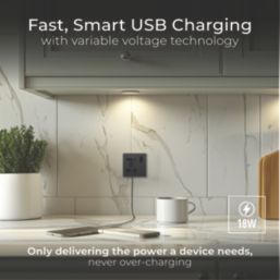 British General Evolve 13A 1-Gang SP Switched Socket + 3A 18W 2-Outlet Type A & C USB Charger Black Chrome with Black Inserts