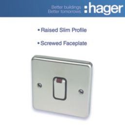 Hager Sollysta WRDP84NBSB 20A 1-Gang 2P+E Control Switch Brushed Steel with LED with Black Inserts