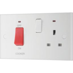British General 900 Series 45A 2-Gang DP Cooker Switch & 13A DP Switched Socket White with Neon