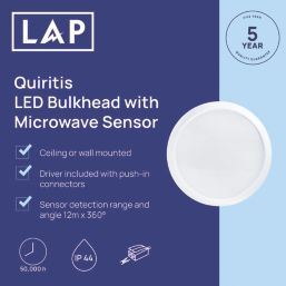 LAP Quiritis Indoor Round LED Bulkhead Light With Microwave Sensor White 11W 1200lm