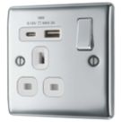 British General Nexus Metal 13A 1-Gang SP Switched Socket + 3A 18W 2-Outlet Type A & C USB Charger Polished Chrome with White Inserts