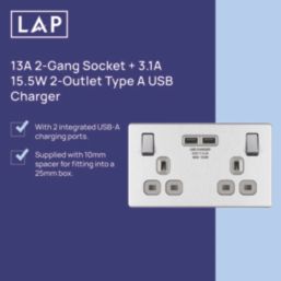 LAP  13A 2-Gang DP Switched Socket + 3.1A 15.5W 2-Outlet Type A USB Charger Brushed Stainless Steel with Graphite Inserts