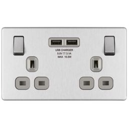 LAP  13A 2-Gang DP Switched Socket + 3.1A 15.5W 2-Outlet Type A USB Charger Brushed Stainless Steel with Graphite Inserts