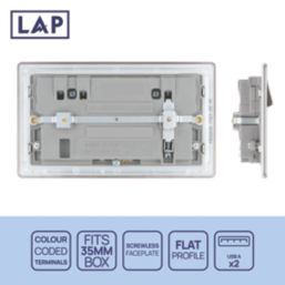 LAP  13A 2-Gang DP Switched Socket + 3.1A 15.5W 2-Outlet Type A USB Charger Brushed Stainless Steel with Graphite Inserts