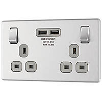 LAP  13A 2-Gang DP Switched Socket + 3.1A 2-Outlet Type A USB Charger Brushed Stainless Steel with Graphite Inserts