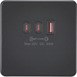 Knightsbridge  5A 63W 3-Outlet Type A & C USB Socket Matt Black with Black Inserts
