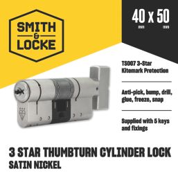 Smith & Locke Fire Rated 3 Star Diamond Thumbturn Cylinder Lock 50-40 (90mm) Satin Nickel