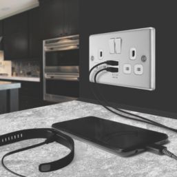LAP  13A 2-Gang SP Switched Socket + 2.4A 12W 2-Outlet Type A USB Charger Brushed Steel with White Inserts