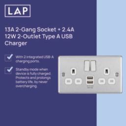 LAP  13A 2-Gang SP Switched Socket + 2.4A 12W 2-Outlet Type A USB Charger Brushed Steel with White Inserts