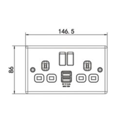 LAP  13A 2-Gang SP Switched Socket + 2.4A 12W 2-Outlet Type A USB Charger Brushed Steel with White Inserts