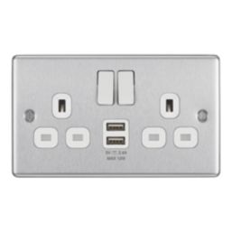 LAP  13A 2-Gang SP Switched Socket + 2.4A 12W 2-Outlet Type A USB Charger Brushed Steel with White Inserts