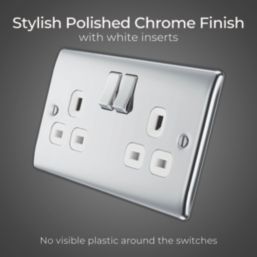 British General Nexus Metal 13A 2-Gang DP Switched Plug Socket Polished Chrome  with White Inserts