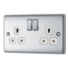 British General Nexus Metal 13A 2-Gang DP Switched Plug Socket Polished Chrome  with White Inserts