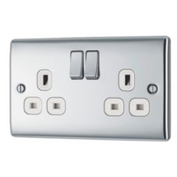 British General Nexus Metal 13A 2-Gang DP Switched Plug Socket Polished Chrome  with White Inserts