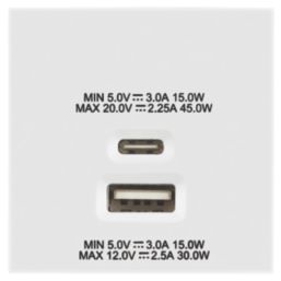 British General Euro Module Modular 3A 45W 2-Outlet Type A & C USB Socket White