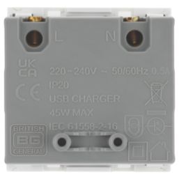 British General Euro Module Modular 3A 45W 2-Outlet Type A & C USB Socket White