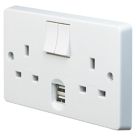 Crabtree Capital 13A 2-Gang DP Switched Socket + 2.1A 10.5W 2-Outlet Type A USB Charger White