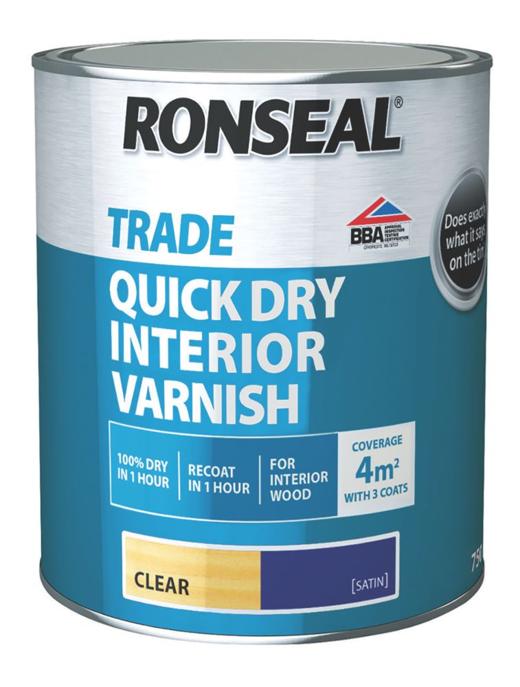 Ronseal 750ml Clear Satin Water-Based Interior Wood Varnish - Screwfix