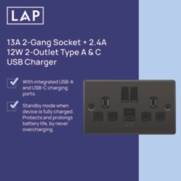 LAP  13A 2-Gang SP Switched Socket + 2.4A 12W 2-Outlet Type A & C USB Charger Black Nickel with Black Inserts