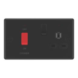 LAP  45A 2-Gang 2-Pole Cooker Switch & 13A DP Switched Socket Matt Black with LED with Black Inserts