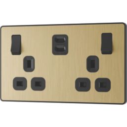 British General Evolve 13A 2-Gang SP Switched Socket + 3.25A 65W 2-Outlet Type C USB Charger Satin Brass with Black Inserts