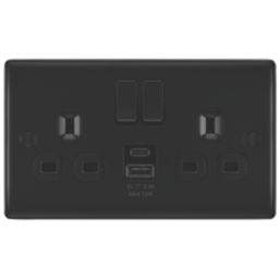 British General Nexus Metal 13A 2-Gang SP Switched Socket + 2.4A 12W 2-Outlet Type A & C USB Charger Matt Black with Black Inserts