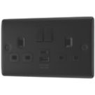 British General Nexus Metal 13A 2-Gang SP Switched Socket + 2.4A 12W 2-Outlet Type A & C USB Charger Matt Black with Black Inserts