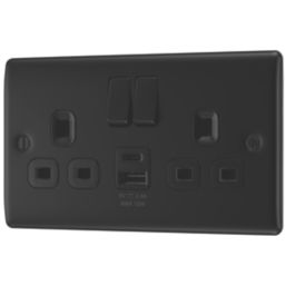British General Nexus Metal 13A 2-Gang SP Switched Socket + 2.4A 12W 2-Outlet Type A & C USB Charger Matt Black with Black Inserts