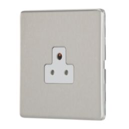 Contactum Lyric 2A 1-Gang Unswitched Round Pin Socket Brushed Steel with White Inserts