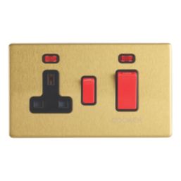 Contactum Lyric 45A 2-Gang DP Cooker Switch & 13A DP Switched Socket Brushed Brass with Neon with Black Inserts