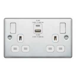 LAP  13A 2-Gang SP Switched Socket + 3A 22W 2-Outlet Type A & C USB Charger Polished Chrome with White Inserts