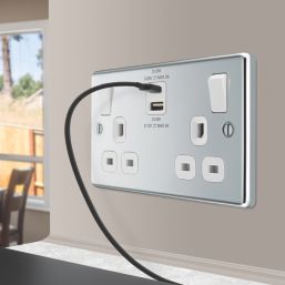 LAP  13A 2-Gang SP Switched Socket + 3A 22W 2-Outlet Type A & C USB Charger Polished Chrome with White Inserts