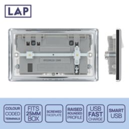 LAP  13A 2-Gang SP Switched Socket + 3A 22W 2-Outlet Type A & C USB Charger Polished Chrome with White Inserts