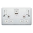 LAP  13A 2-Gang SP Switched Socket + 3A 22W 2-Outlet Type A & C USB Charger Polished Chrome with White Inserts