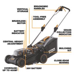 Titan  36V 1 x 4.0Ah Li-Ion TXP Brushless Cordless 38cm Lawn Mower